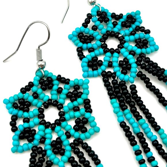 3 1/2" Boho Turquoise & Black Flower Tasseled Hand Beaded Tassel Dangle Earrings - Picture 2 of 4